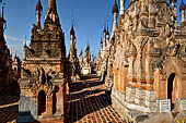 Rows of stupas in the Kakku (Kekku) Pagoda complex. The complex was kept hidden from the rest of the world until 2002 when it was opened to foreigners. Shan State, Burma (Myanmar). 